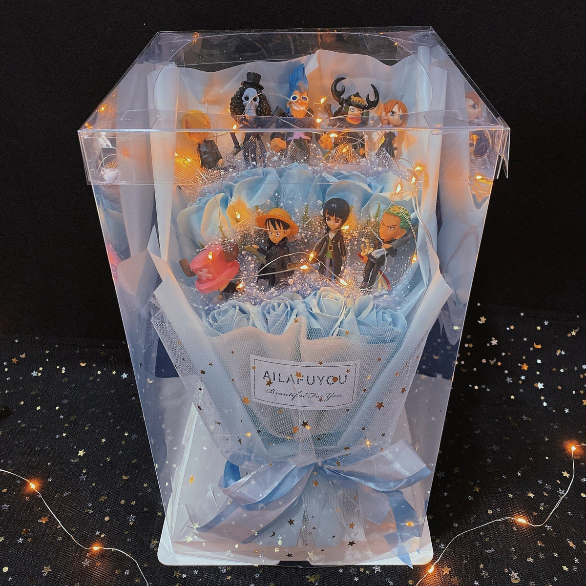 One Piece Figure Bouquet, Anime Luffy Zoro Sanji Chopper Figurine Bouquet with LED Fairy Lights, Artificial Rose Flower Gift Box, Birthday Valentine Anniversary Gift for Anime Fans