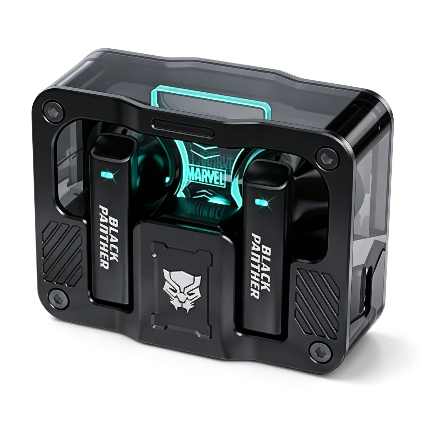 Marvel Iron Man Captain America Black Panther TWS True Wireless Gaming Earbuds, Bluetooth 5.3 Headphones RGB Light Low Latency Touch Control Zinc‑Alloy Transparent Charging Case