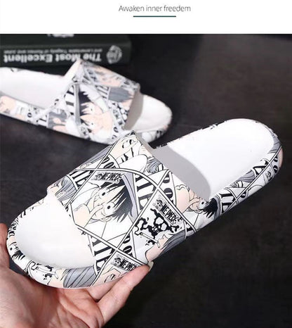 One Piece Anime Manga Print Slide Slippers, Men Women Thick Cushion Soft Sole Open Toe Sandals, Non Slip Quick Drying Slides for Indoor Bedroom Outdoor Beach Shower
