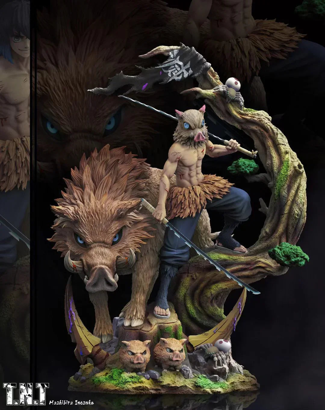 Demon Slayer Inosuke Hashibira Figure, Boar Head Inosuke Resin GK Statue, Anime Hashibira Inosuke with Giant Wild Boar Diorama Figurine, Collectible Desktop Ornament Model Gift for Demon Slayer Fans