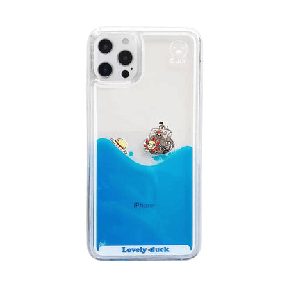 One Piece Anime Liquid Floating Phone Case for iPhone, Thousand Sunny Moving 3D Pirate Ship Clear Quicksand Case, Luffy Crew Characters Transparent Shockproof Protective Cover, Anime Fan Cute Phone Shell Gift