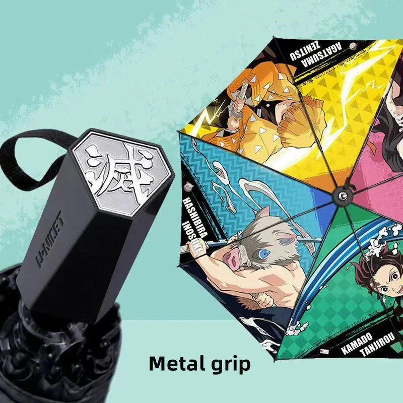 Demon Slayer Anime Folding Umbrella, Tanjiro Nezuko Zenitsu Inosuke Print Portable Compact Travel Umbrella, Sun Rain Protection Windproof Manual Umbrella with Metal Handle, Demon Slayer Fan Merch Gift