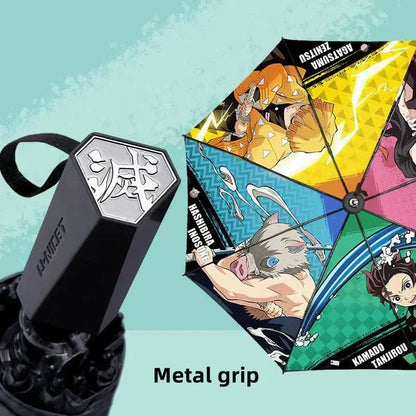 Demon Slayer Anime Folding Umbrella, Tanjiro Nezuko Zenitsu Inosuke Print Portable Compact Travel Umbrella, Sun Rain Protection Windproof Manual Umbrella with Metal Handle, Demon Slayer Fan Merch Gift