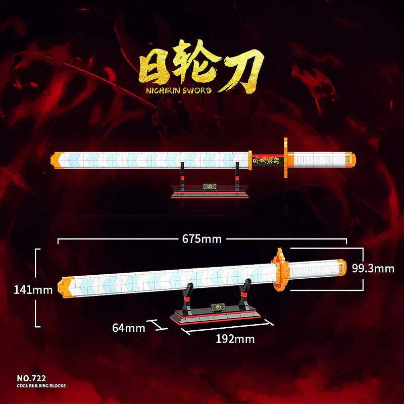 Demon Slayer Nichirin Sword Building Block Set, Rengoku Kyojuro Katana Model with Stand, Anime Samurai Blade Bricks Kit, DIY Assembly Collectible Display Toy Gift for Demon Slayer Fans