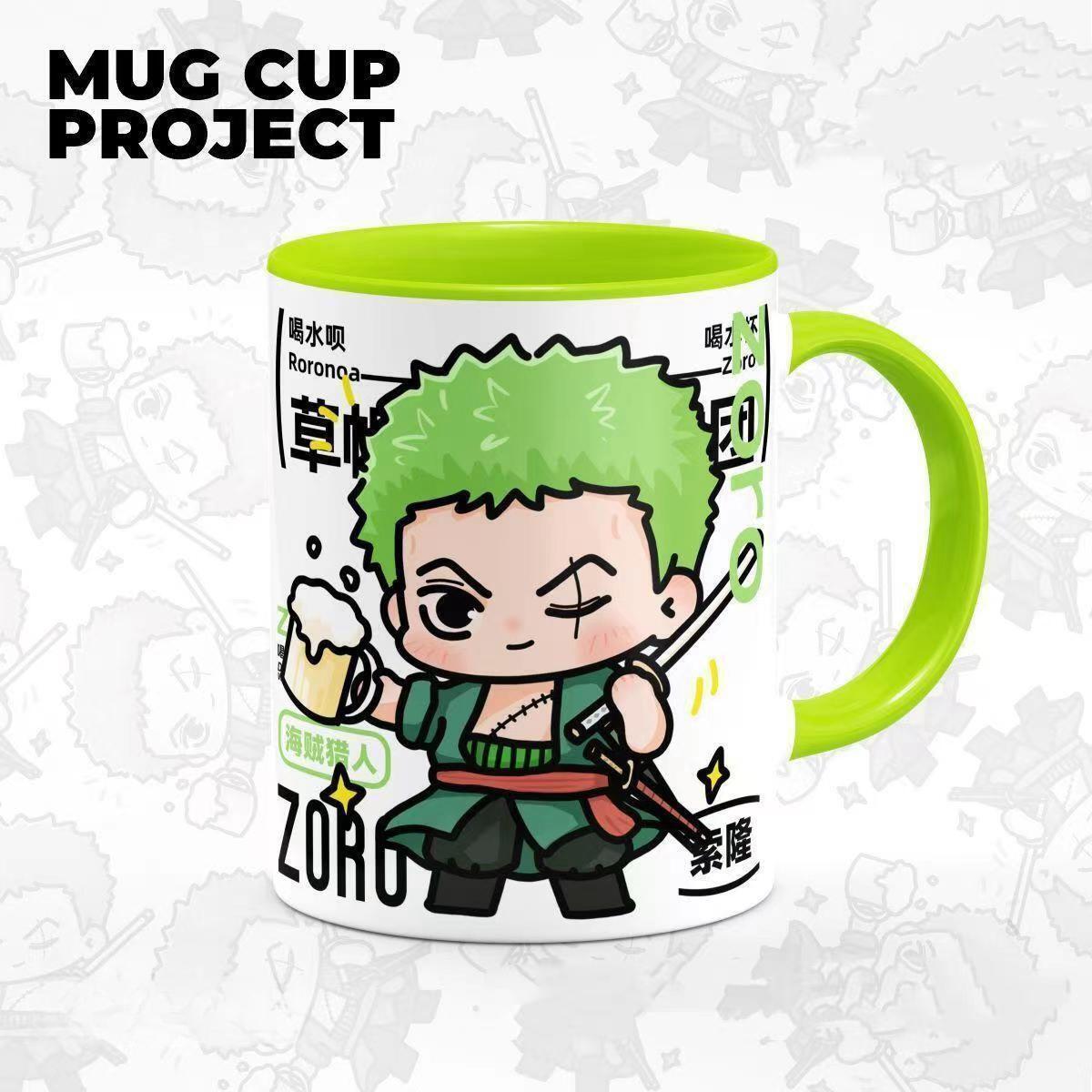 One Piece Anime Ceramic Mug, Q Chibi Version Luffy Zoro Sanji Ace Law Coffee Tea Cup, 11oz Color Inside Mug, Microwave Safe, Anime Fan Home Office Drinkware Birthday Gift