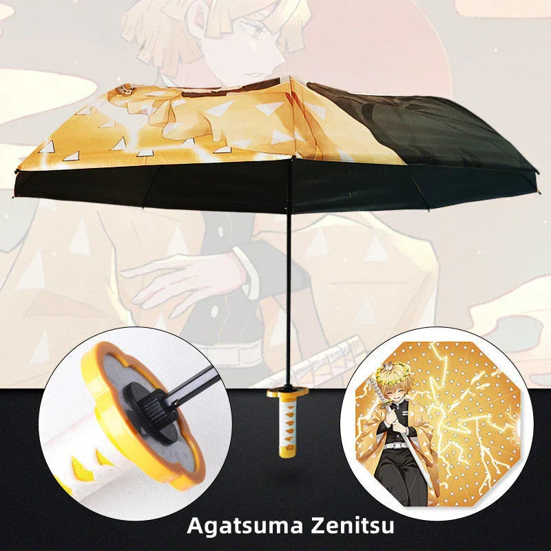 Demon Slayer Anime Katana Sword Umbrella, Nichirin Sword Shape Handle Folding Umbrella, Tanjiro Rengoku Shinobu Giyuu Printed Sun Rain Umbrella, Demon Slayer Merch Cosplay Gift for Anime Fans