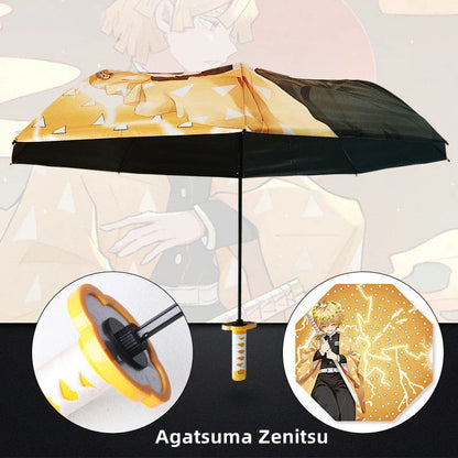 Demon Slayer Anime Katana Sword Umbrella, Nichirin Sword Shape Handle Folding Umbrella, Tanjiro Rengoku Shinobu Giyuu Printed Sun Rain Umbrella, Demon Slayer Merch Cosplay Gift for Anime Fans