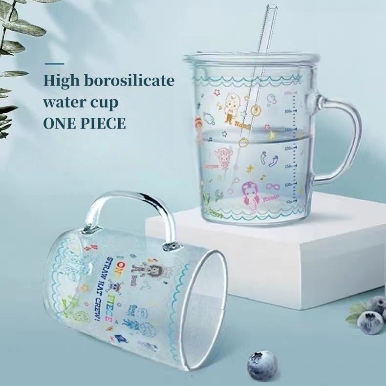 One Piece Anime Glass Mug with Handle & Straw, Clear Measuring Water Cup, Heat Resistant Milk Juice Cup, Cute Cartoon Character Printed Drinking Glass, Anime Merch Gift for One Piece Fans