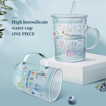 One Piece Anime Glass Mug with Handle & Straw, Clear Measuring Water Cup, Heat Resistant Milk Juice Cup, Cute Cartoon Character Printed Drinking Glass, Anime Merch Gift for One Piece Fans