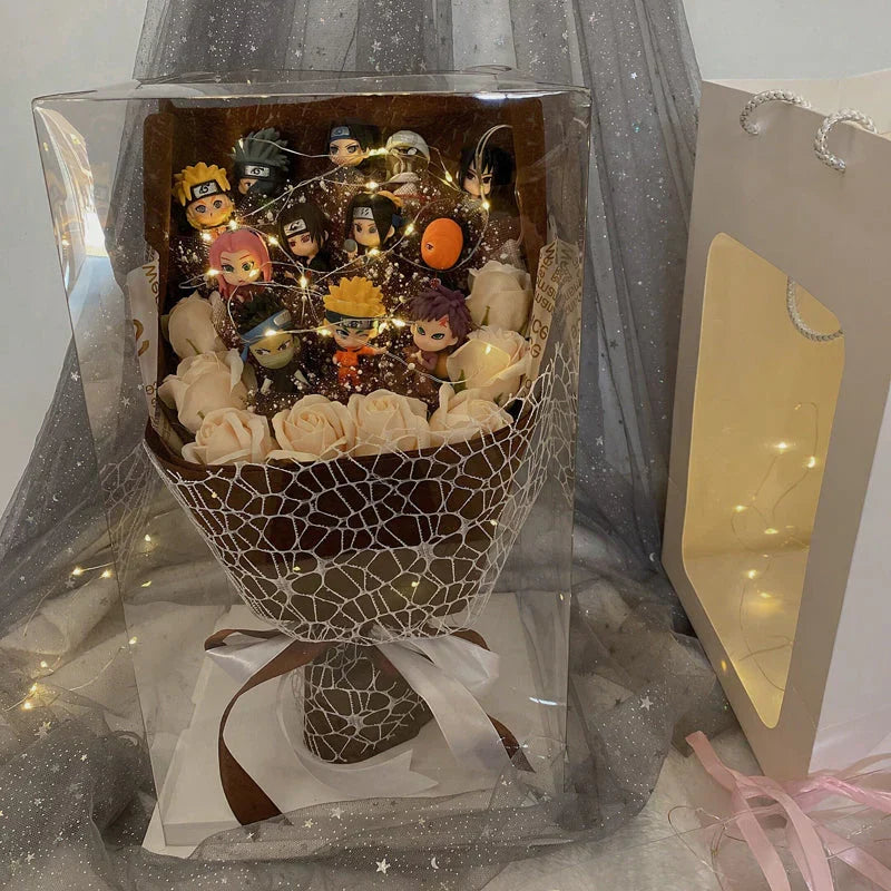 Naruto Anime Figure Bouquet with LED Fairy Lights, Naruto Mini Figurine Artificial Rose Gift Box, Handmade Character Flower Bouquet, Birthday Valentine Graduation Gift for Naruto Fans