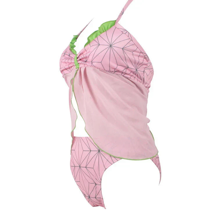Demon Slayer Nezuko Kamado Two Piece Swimsuit, Anime Cosplay Tankini Bikini Set, Pink Geometric Pattern Halter Swimwear for Women, Anime Beach Bathing Suit