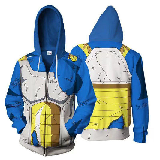 Dragon Ball Z Vegeta Saiyan Armor Cosplay Zip Up Hoodie, DBZ Vegeta Battle Damaged Armor 3D Printed Hooded Sweatshirt Jacket, Anime Dragon Ball Vegeta Costume Hoodie for Fans
