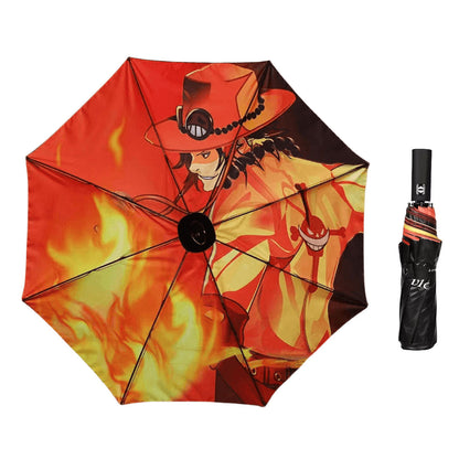 One Piece Anime Folding Umbrella, Luffy Zoro Ace Straw Hat Crew Printed Compact Rain Sun Umbrella, Portable Auto Open Close Parasol, Anime Merch Gift for One Piece Fans