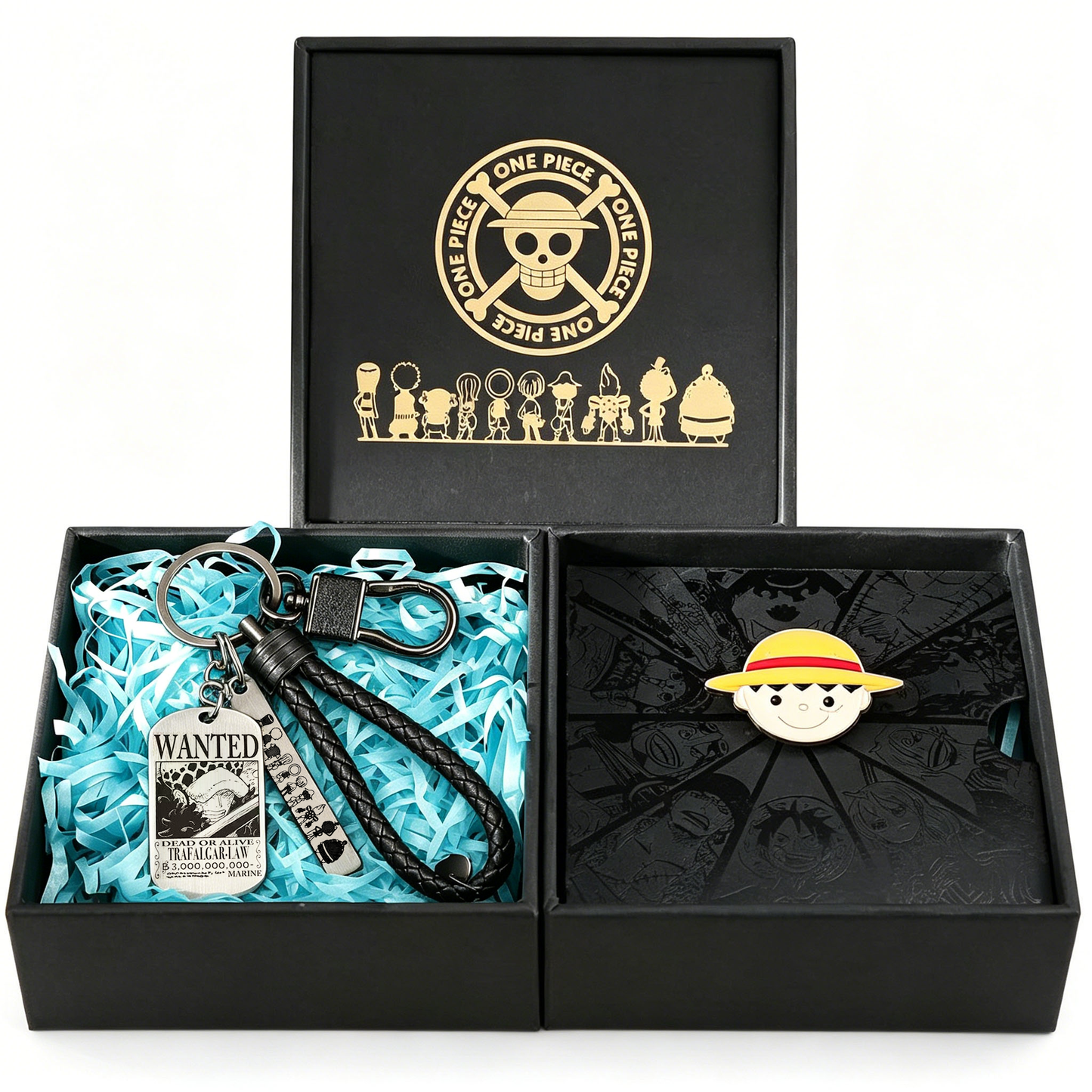 One Piece Monkey D Luffy Roronoa Zoro Portgas D Ace Trafalgar Law Gift Set, Anime Wanted Poster Keychain with Enamel Pin Brooch Collectible Box for Anime Fans