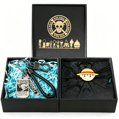 One Piece Monkey D Luffy Roronoa Zoro Portgas D Ace Trafalgar Law Gift Set, Anime Wanted Poster Keychain with Enamel Pin Brooch Collectible Box for Anime Fans
