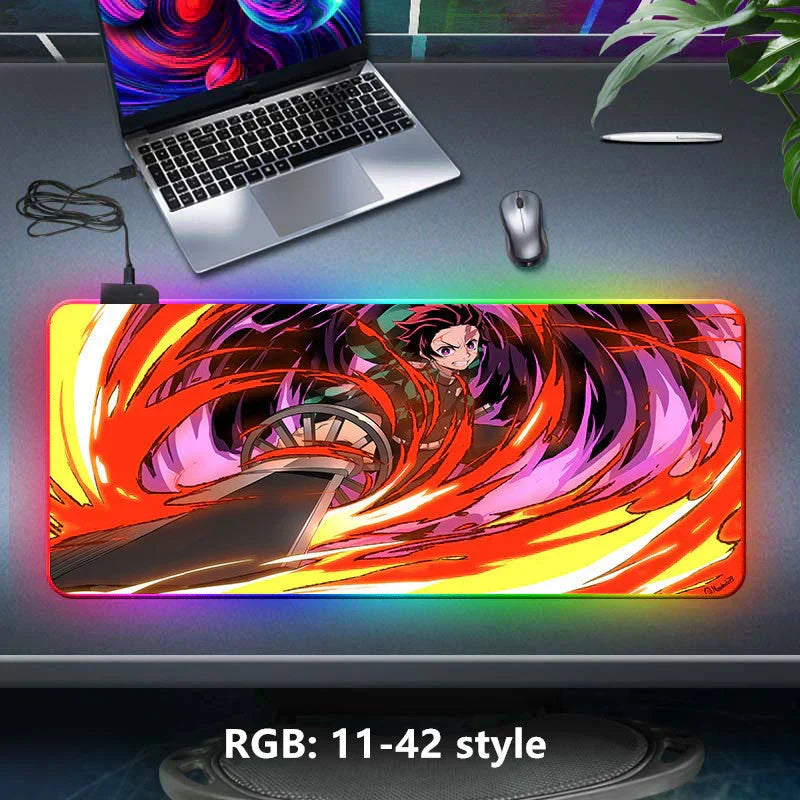 Demon Slayer RGB Gaming Mouse Pad, Large Extended Anime Desk Mat, LED Glowing Non-Slip Rubber Keyboard Pad, Multiple Nezuko Tanjiro Designs, Waterproof Desk Pad for PC Gamers