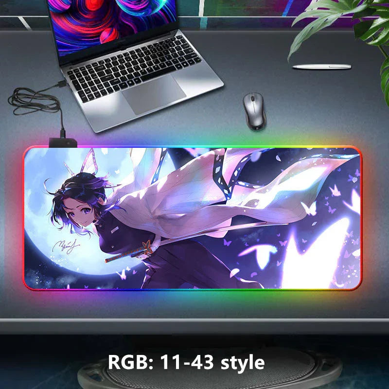 Demon Slayer RGB Gaming Mouse Pad, Large Extended Anime Desk Mat, LED Glowing Non-Slip Rubber Keyboard Pad, Multiple Nezuko Tanjiro Designs, Waterproof Desk Pad for PC Gamers