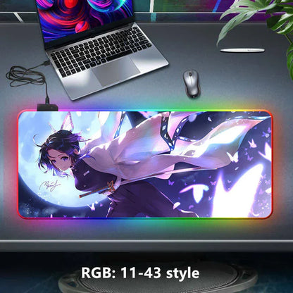 Demon Slayer RGB Gaming Mouse Pad, Large Extended Anime Desk Mat, LED Glowing Non-Slip Rubber Keyboard Pad, Multiple Nezuko Tanjiro Designs, Waterproof Desk Pad for PC Gamers