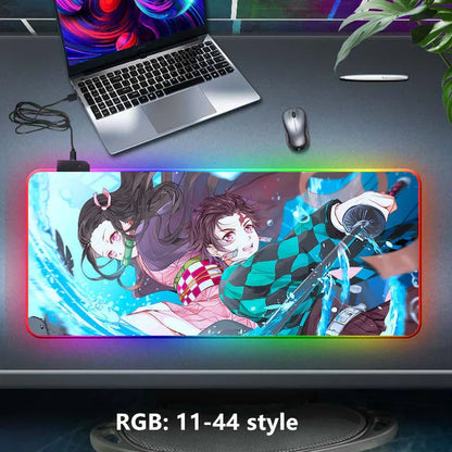 Demon Slayer RGB Gaming Mouse Pad, Large Extended Anime Desk Mat, LED Glowing Non-Slip Rubber Keyboard Pad, Multiple Nezuko Tanjiro Designs, Waterproof Desk Pad for PC Gamers