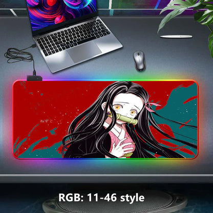 Demon Slayer RGB Gaming Mouse Pad, Large Extended Anime Desk Mat, LED Glowing Non-Slip Rubber Keyboard Pad, Multiple Nezuko Tanjiro Designs, Waterproof Desk Pad for PC Gamers