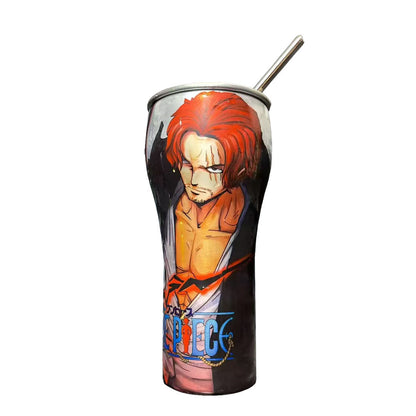 One Piece Anime Tumbler with Straw, Stainless Steel Insulated Travel Cup, Luffy Zoro Nami Wanted Poster Design Coffee Mug, Leak Proof Reusable Water Bottle, One Piece Merch Gift for Anime Fans