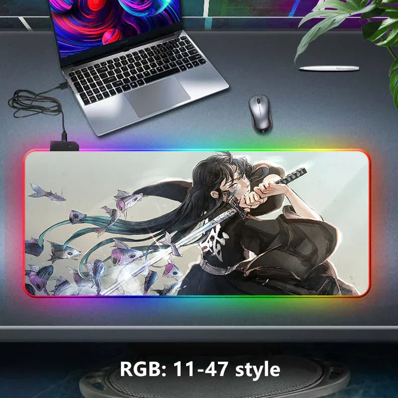 Demon Slayer RGB Gaming Mouse Pad, Large Extended Anime Desk Mat, LED Glowing Non-Slip Rubber Keyboard Pad, Multiple Nezuko Tanjiro Designs, Waterproof Desk Pad for PC Gamers
