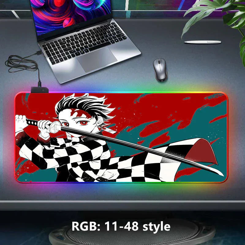 Demon Slayer RGB Gaming Mouse Pad, Large Extended Anime Desk Mat, LED Glowing Non-Slip Rubber Keyboard Pad, Multiple Nezuko Tanjiro Designs, Waterproof Desk Pad for PC Gamers