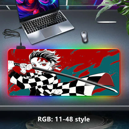 Demon Slayer RGB Gaming Mouse Pad, Large Extended Anime Desk Mat, LED Glowing Non-Slip Rubber Keyboard Pad, Multiple Nezuko Tanjiro Designs, Waterproof Desk Pad for PC Gamers