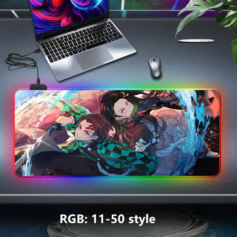 Demon Slayer RGB Gaming Mouse Pad, Large Extended Anime Desk Mat, LED Glowing Non-Slip Rubber Keyboard Pad, Multiple Nezuko Tanjiro Designs, Waterproof Desk Pad for PC Gamers