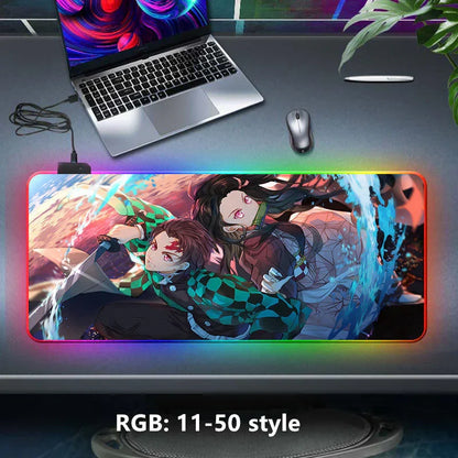 Demon Slayer RGB Gaming Mouse Pad, Large Extended Anime Desk Mat, LED Glowing Non-Slip Rubber Keyboard Pad, Multiple Nezuko Tanjiro Designs, Waterproof Desk Pad for PC Gamers