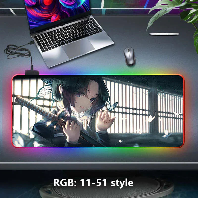Demon Slayer RGB Gaming Mouse Pad, Large Extended Anime Desk Mat, LED Glowing Non-Slip Rubber Keyboard Pad, Multiple Nezuko Tanjiro Designs, Waterproof Desk Pad for PC Gamers
