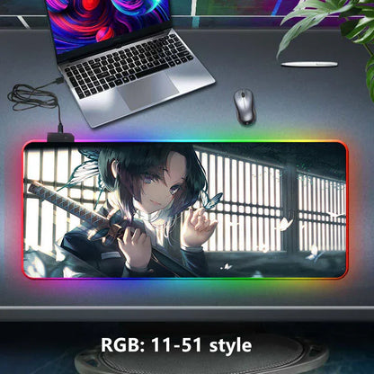 Demon Slayer RGB Gaming Mouse Pad, Large Extended Anime Desk Mat, LED Glowing Non-Slip Rubber Keyboard Pad, Multiple Nezuko Tanjiro Designs, Waterproof Desk Pad for PC Gamers
