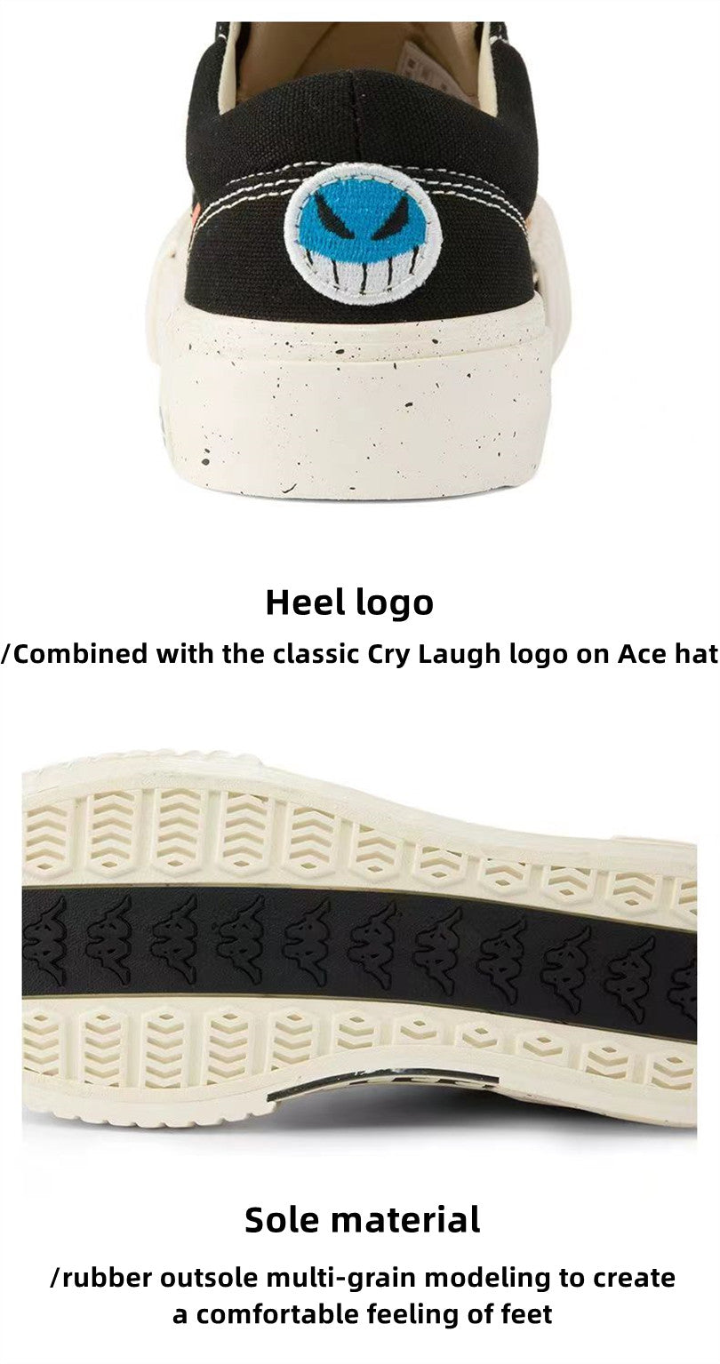 One Piece Ace Low Top Canvas Sneakers for Men Women, Black Orange Flame Graphic Portgas D Ace Anime Skate Shoes, Unisex Lace-Up Thick Ribbed Cookie Sole Streetwear Casual Walking Shoes, Anime Fan Collectible Gift