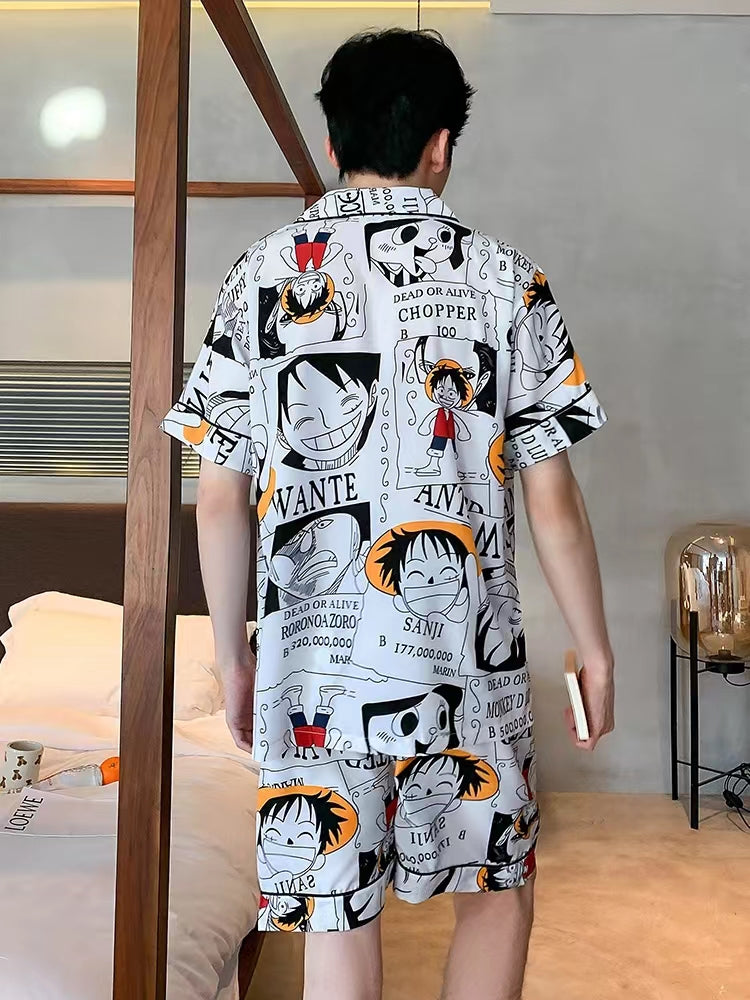 One Piece Monkey D. Luffy Anime Men Pajama Set, Short Sleeve Button Down Shirt & Shorts Sleepwear, Manga Print Casual Nightwear, Soft Home Loungewear Set, Anime Gift for One Piece Fans