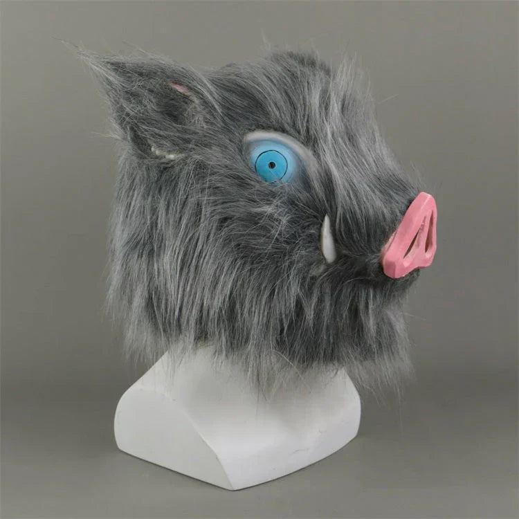Demon Slayer Inosuke Hashibira Boar Mask, Anime Wild Boar Head Mask with Fluffy Fur, Latex Cosplay Helmet for Halloween Costume Party, Role Play Prop for Demon Slayer Fans