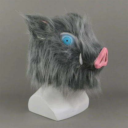 Demon Slayer Inosuke Hashibira Boar Mask, Anime Wild Boar Head Mask with Fluffy Fur, Latex Cosplay Helmet for Halloween Costume Party, Role Play Prop for Demon Slayer Fans
