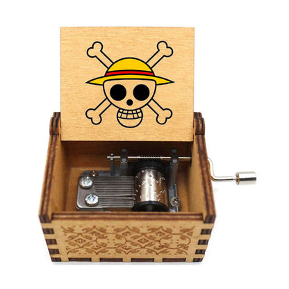 One Piece Anime Hand Crank Wooden Music Box, Straw Hat Pirates Luffy Crew Print Lid Engraved Musical Box, Classic Anime Theme Song, Manual Hand Crank No Battery, Anime Collectible Desk Decor Gift for Fans