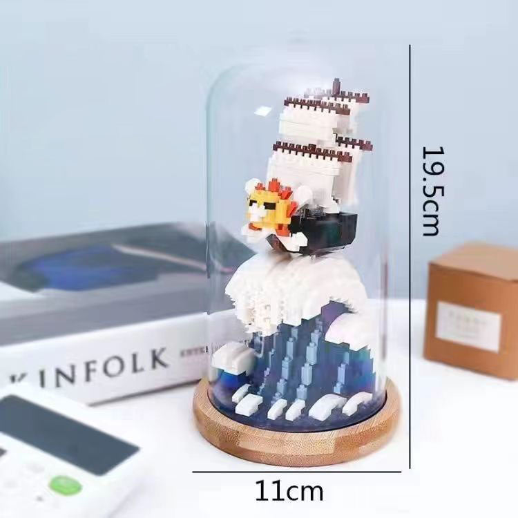 One Piece Thousand Sunny Micro Building Blocks Set, DIY Mini Brick Pirate Ship Model with Glass Dome & LED Light, Wave Scene Display Kit, Collectible Desk Decor Gift for One Piece Fans
