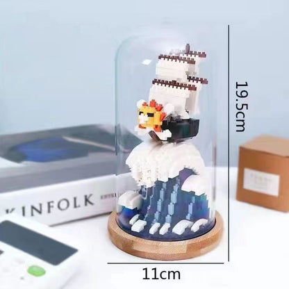 One Piece Thousand Sunny Micro Building Blocks Set, DIY Mini Brick Pirate Ship Model with Glass Dome & LED Light, Wave Scene Display Kit, Collectible Desk Decor Gift for One Piece Fans