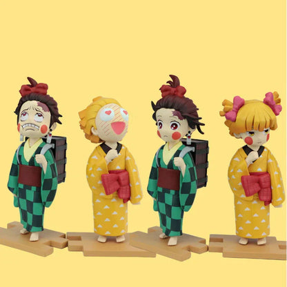 Demon Slayer Kimetsu no Yaiba Anime Figure, Tanjiro Zenitsu Inosuke Kimono Version Figurine with Extra Interchangeable Face, Cute Demon Slayer Collectible Statue, Desk Decor Anime Gift for Fans