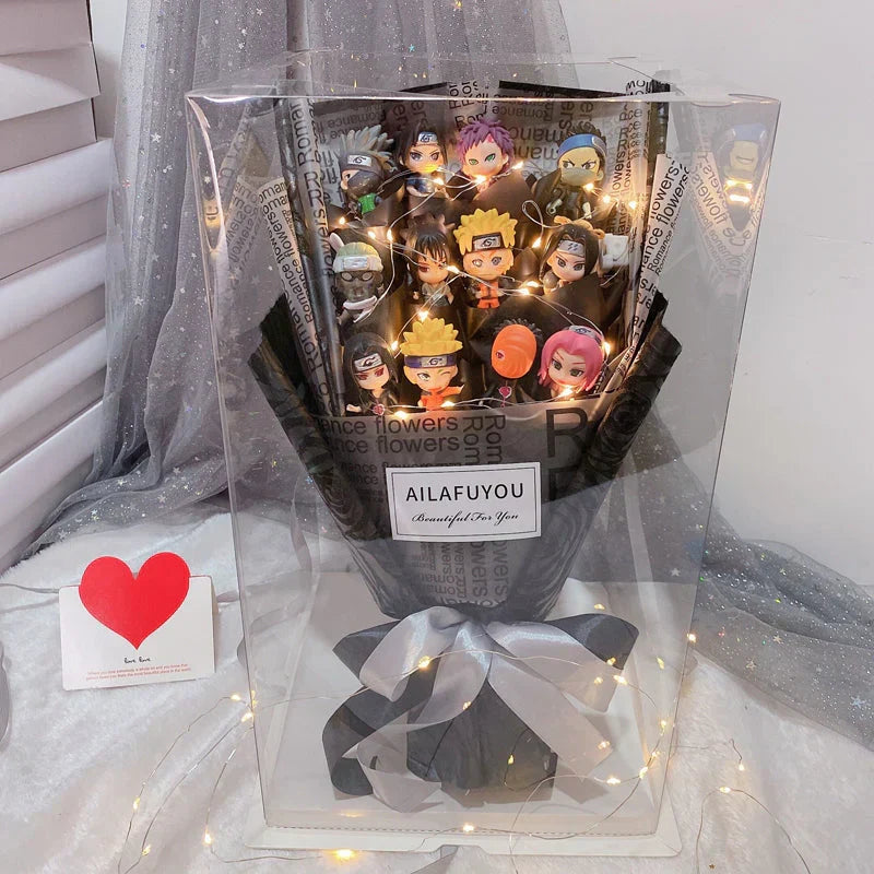 Naruto Anime Figure Bouquet with LED Fairy Lights, Naruto Mini Figurine Artificial Rose Gift Box, Handmade Character Flower Bouquet, Birthday Valentine Graduation Gift for Naruto Fans