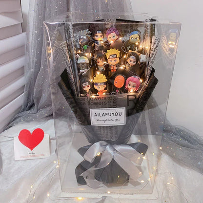 Naruto Anime Figure Bouquet with LED Fairy Lights, Naruto Mini Figurine Artificial Rose Gift Box, Handmade Character Flower Bouquet, Birthday Valentine Graduation Gift for Naruto Fans