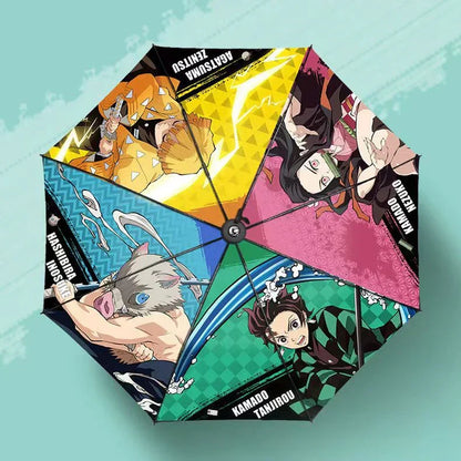 Demon Slayer Anime Folding Umbrella, Tanjiro Nezuko Zenitsu Inosuke Print Portable Compact Travel Umbrella, Sun Rain Protection Windproof Manual Umbrella with Metal Handle, Demon Slayer Fan Merch Gift