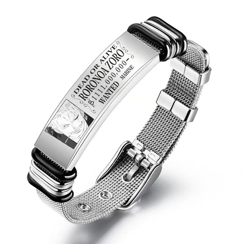 One Piece Monkey D. Luffy Roronoa Zoro Engraved Stainless Steel Mesh Bracelet Adjustable Wristband Anime Wanted Poster Jewelry Gift For Anime Fans
