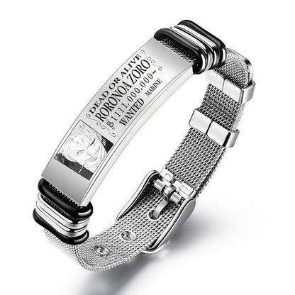 One Piece Monkey D. Luffy Roronoa Zoro Engraved Stainless Steel Mesh Bracelet Adjustable Wristband Anime Wanted Poster Jewelry Gift For Anime Fans
