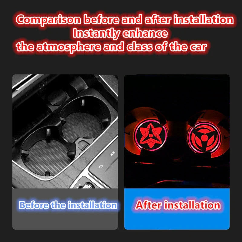 Naruto One Piece Car Accessory Gift，Anime Sharingan LED Car Cup Holder Coaster, Intelligent Sensor Light Up Cup Mat, USB Rechargeable, Multi-Color Changing Car Interior Decor.