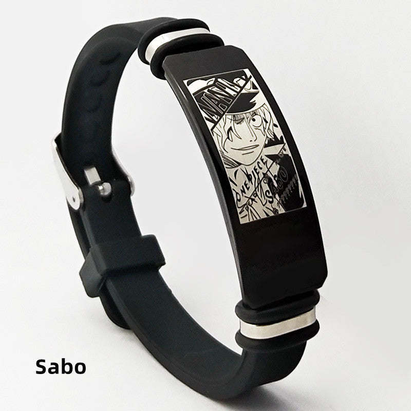 One Piece Anime Bracelet, Wanted Poster Engraved Silicone Wristband, Adjustable Stainless Steel Tag Bracelet, Luffy Zoro Ace Sabo Nami Sanji Chopper Cosplay Jewelry Gift for One Piece Fans