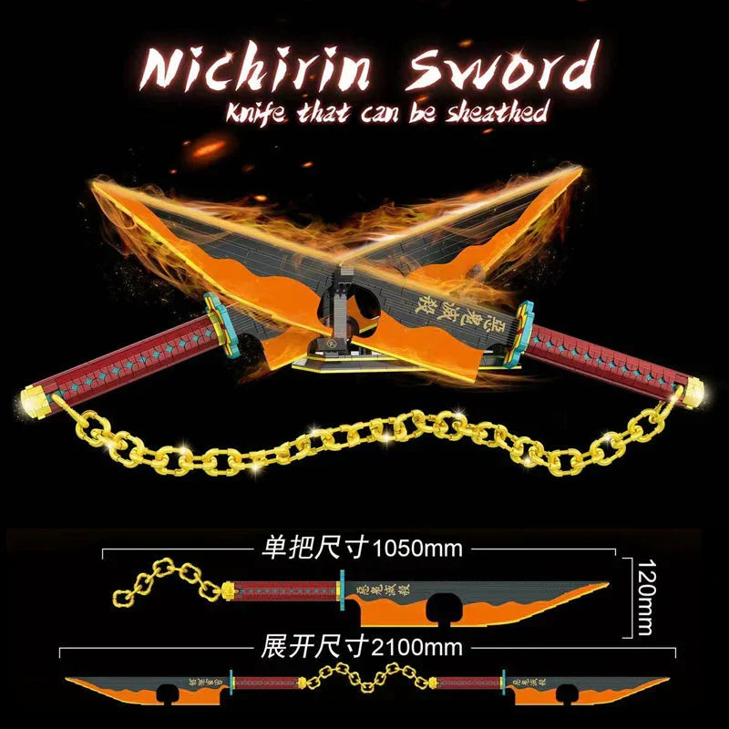 Demon Slayer Tengen Uzui Nichirin Sword Building Blocks Set, 1478Pcs Anime Double Blade Sword Model with Display Stand & Golden Chain, Interlocking Bricks Weapon Assembly Kit, Desktop Display Collectible Gift for Demon Slayer Fans