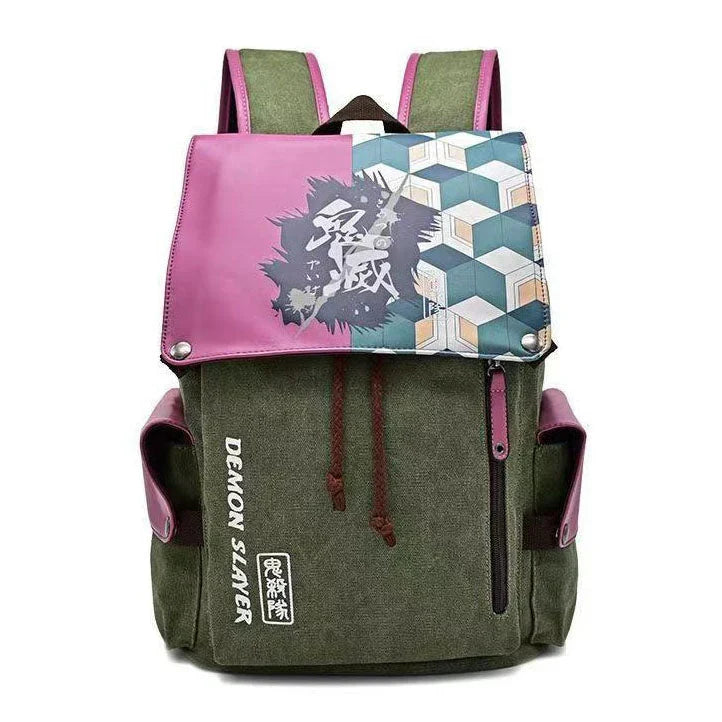 Demon Slayer Anime Flap Drawstring Backpack, Tanjiro Nezuko Zenitsu Inosuke Printed Rucksack, Large Capacity Canvas School Bookbag, Casual Travel Daypack, Anime Fan Gift Backpack
