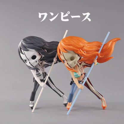 One Piece Half Skeleton Mini Figure Set, Straw Hat Pirates Luffy Zoro Sanji Nami Chopper Robin Usopp Franky Brook Anime Figurine, PVC Chibi Skeleton Model Toy, Desktop Decoration Collectible Gift for One Piece Fans